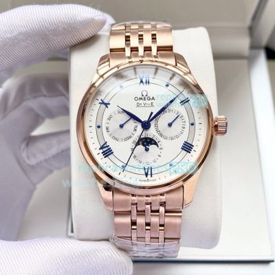 Super Replica Omega De Ville White Dial Rose Gold Strap Rose Gold Bezel 40mm